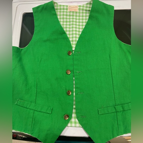 Vintage kelly green button down vest with checker pattern lining - Picture 1 of 5